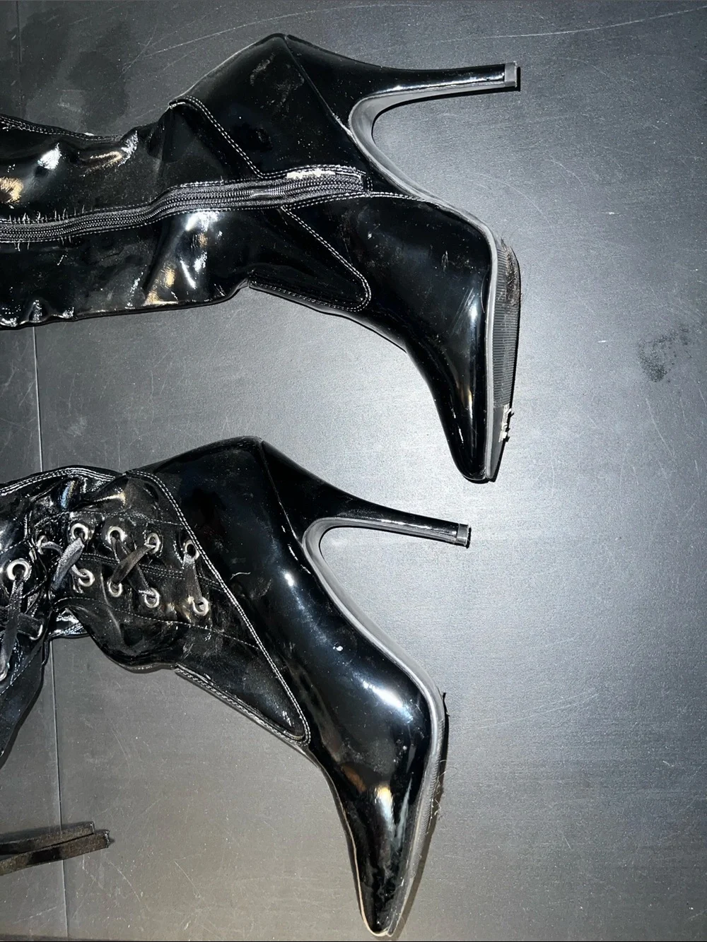Pleaser Black Patent Over-the-Knee Lace-Up Stiletto Boots